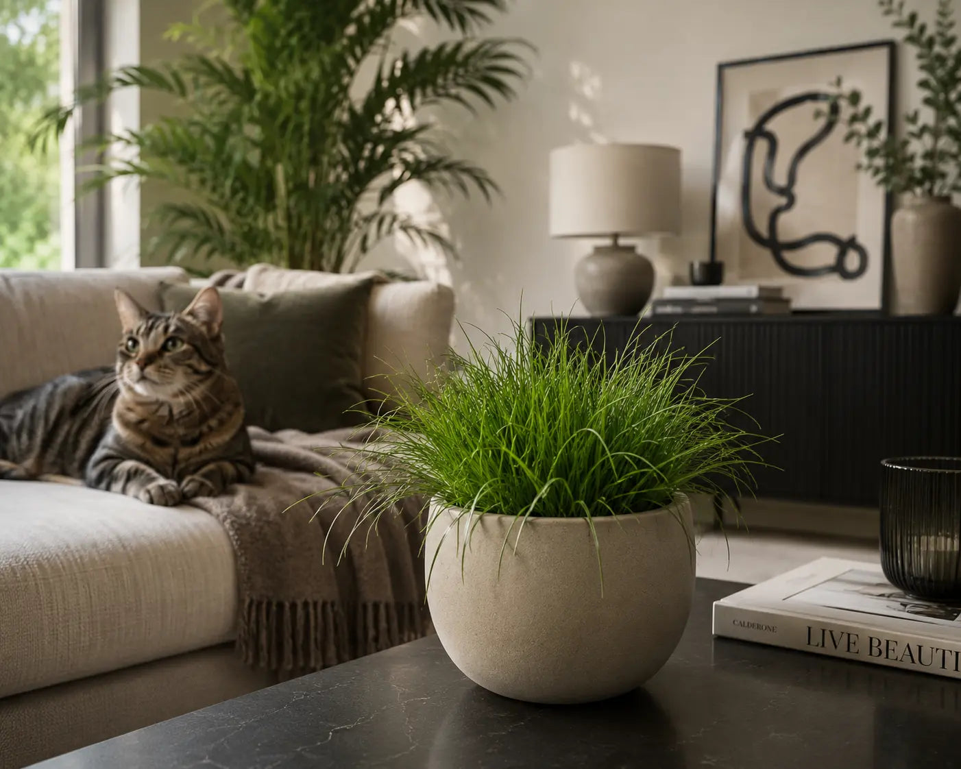 kattengras op tafel in een moderne woonkamer met een kat op de bank