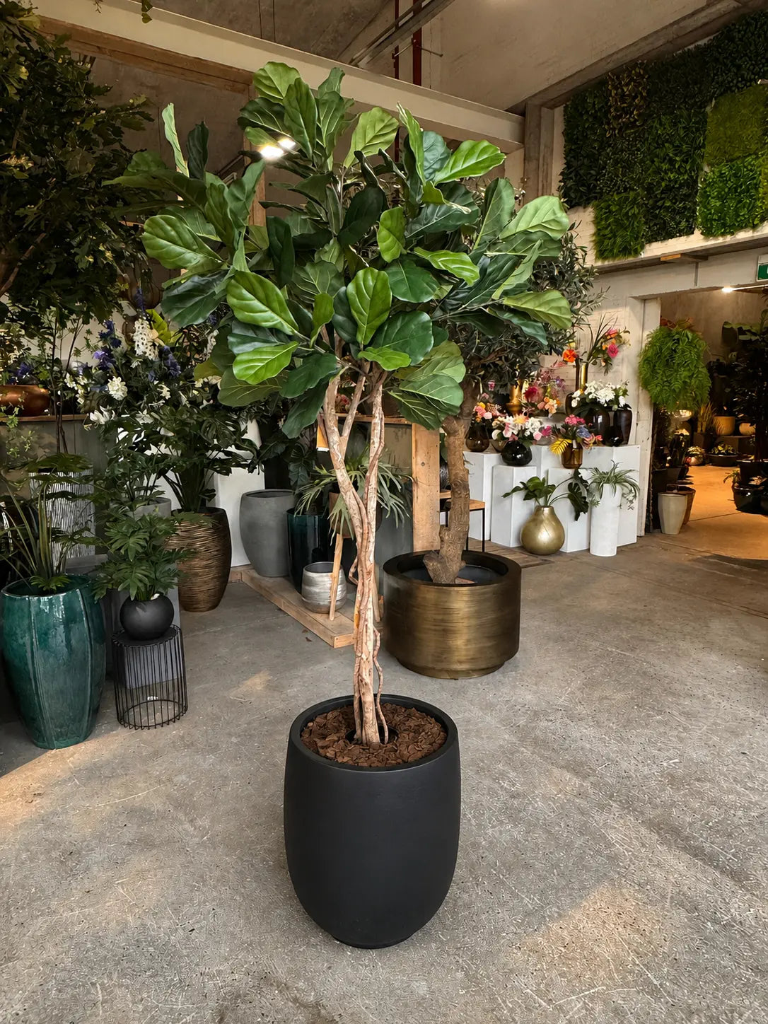 Kunst kamerplant Ficus Lyrata in moderne zwarte pot met realistische houten stam