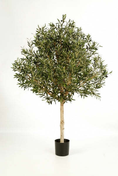 Kunst olijfboom met realistische houten stam en volle kruin in zwarte plastic pot, geschikt voor elk interieur. Beschikbaar in 3 maten.