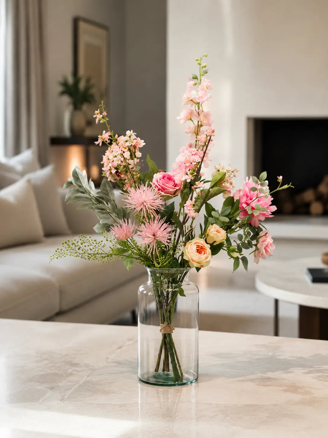 Kunstbloemen boeket Pretty Pink in glazen vaas op een tafel in een moderne woonkamer