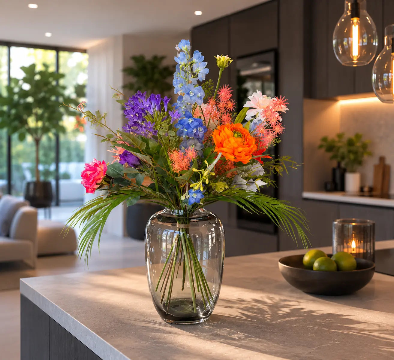 kunstbloemen in een glazen vaas op het keukenblad van een moderne keuken