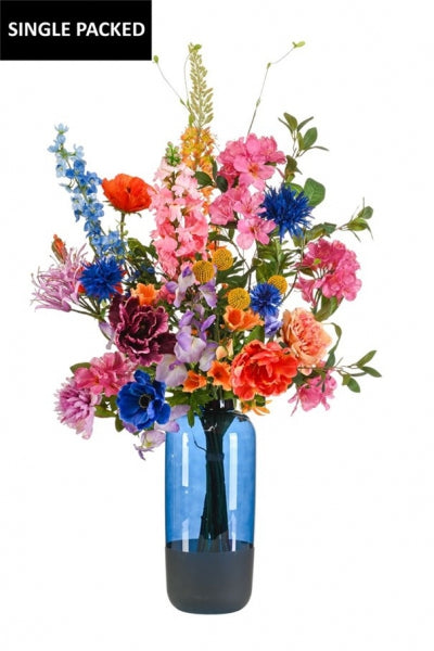 Kunstbloemen boeket Luxury Glam in vaas – kleurrijk samengesteld boeket met o.a. roze, blauwe en oranje bloemen