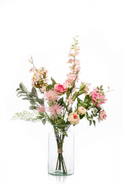 Kunstbloemen boeket Pretty Pink – romantisch boeket in zachte roze tinten met groene accenten, elegant en onderhoudsvrij.