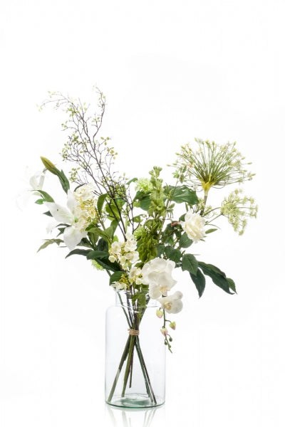 Kunstbloemen boeket XL Shine met witte bloemen, stijlvol geschikt in een hoge glazen vaas (zonder vaas geleverd)