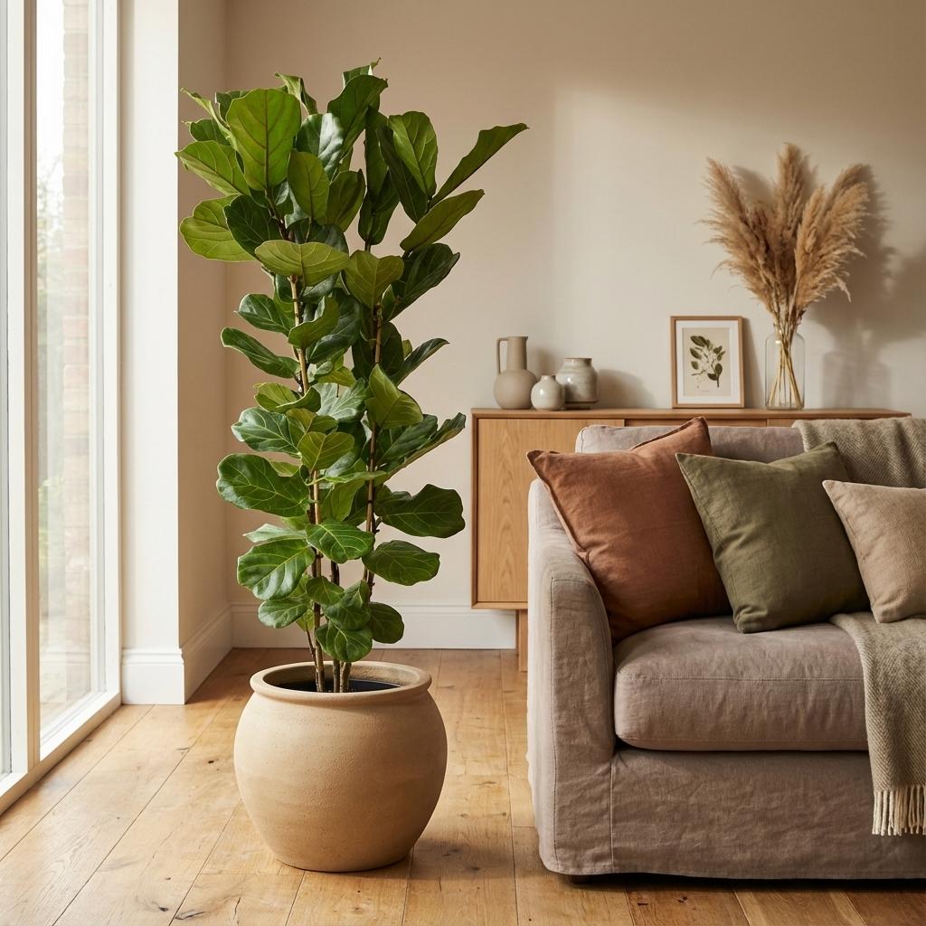 grote groene kamerplant in beige pot naast de bank in de woonkamer