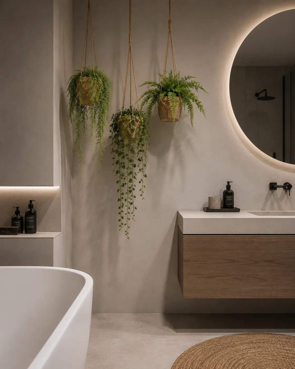 Drie kunst hangplanten in een moderne badkamer.