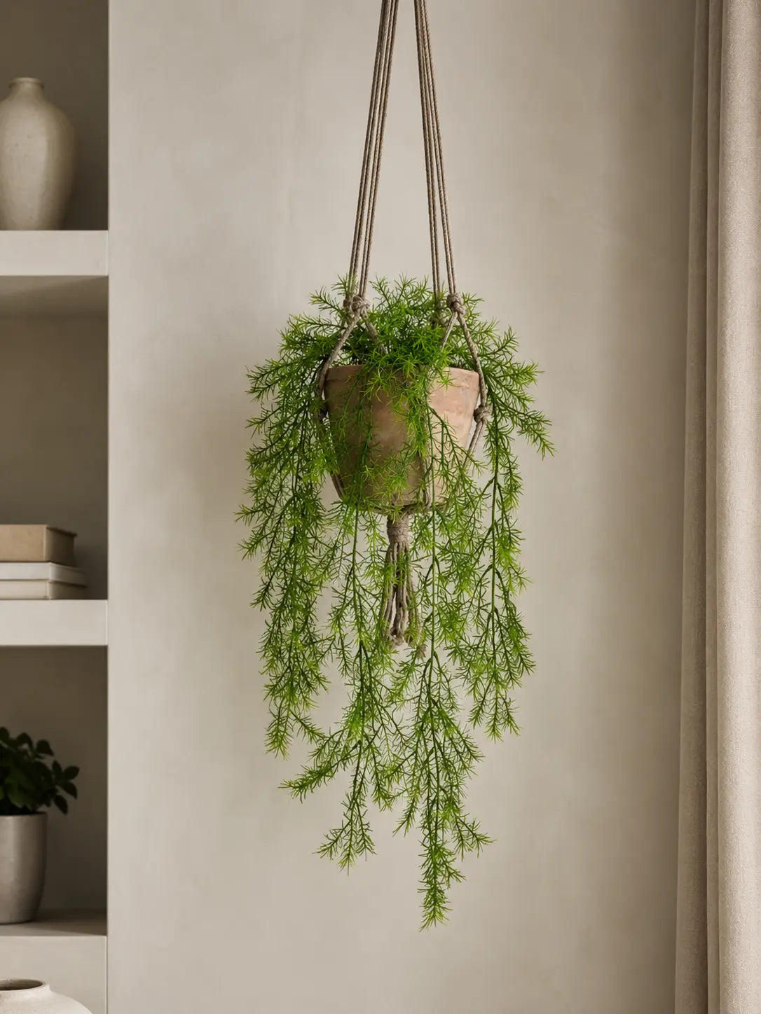 Kunst hangplant Asparagus sprengeri in verouderde terracotta hangpot, 75 cm.