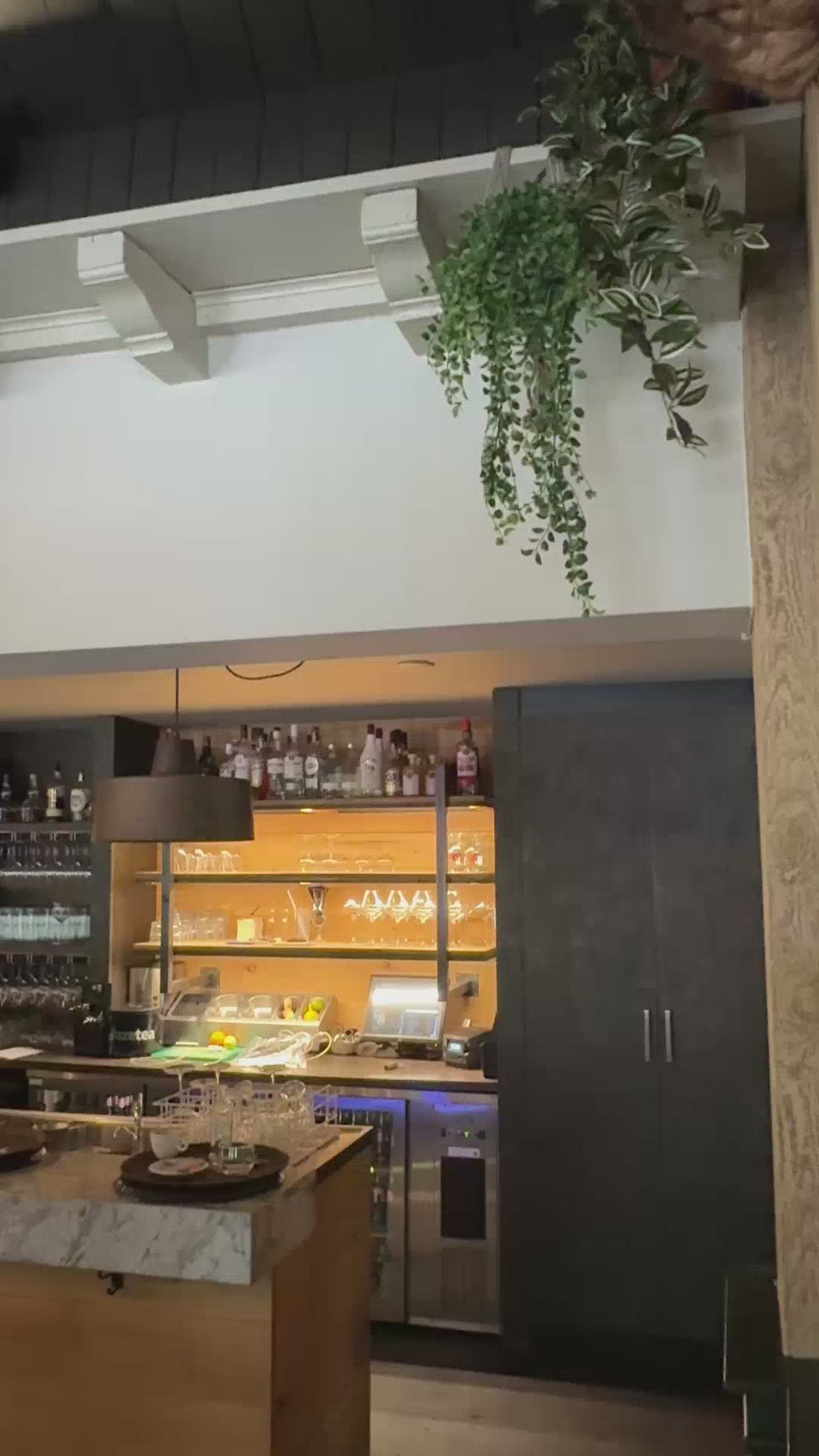 Hangende kunstplanten in een horecazaak.